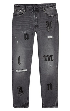 Palm Angels Logo Patches Distressed Jeans Grey